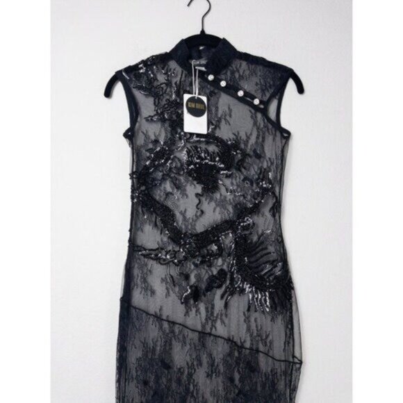 NWT Kim Shui Beaded Dragon Lace Maxi Dress XS Black Sheer Sequins Crystal Button - Picture 10 of 16